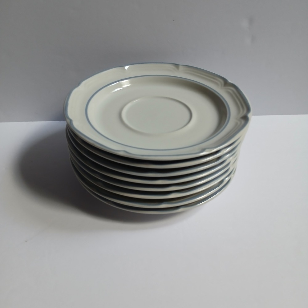 VTG Stoneware Covington Edition Tea Saucers 6" Japan Blue & Grey set of 8